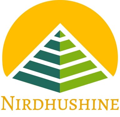 NIRDHUSHINE logo featuring a green tiered pyramid against a yellow circular background